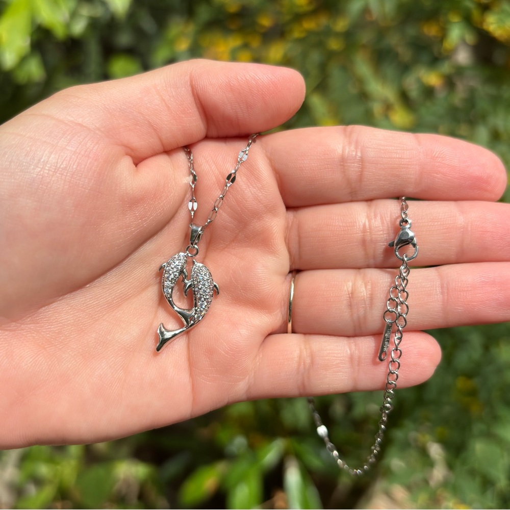 18K White Gold Plated Stainless Steel Diamond Dolphin Necklace